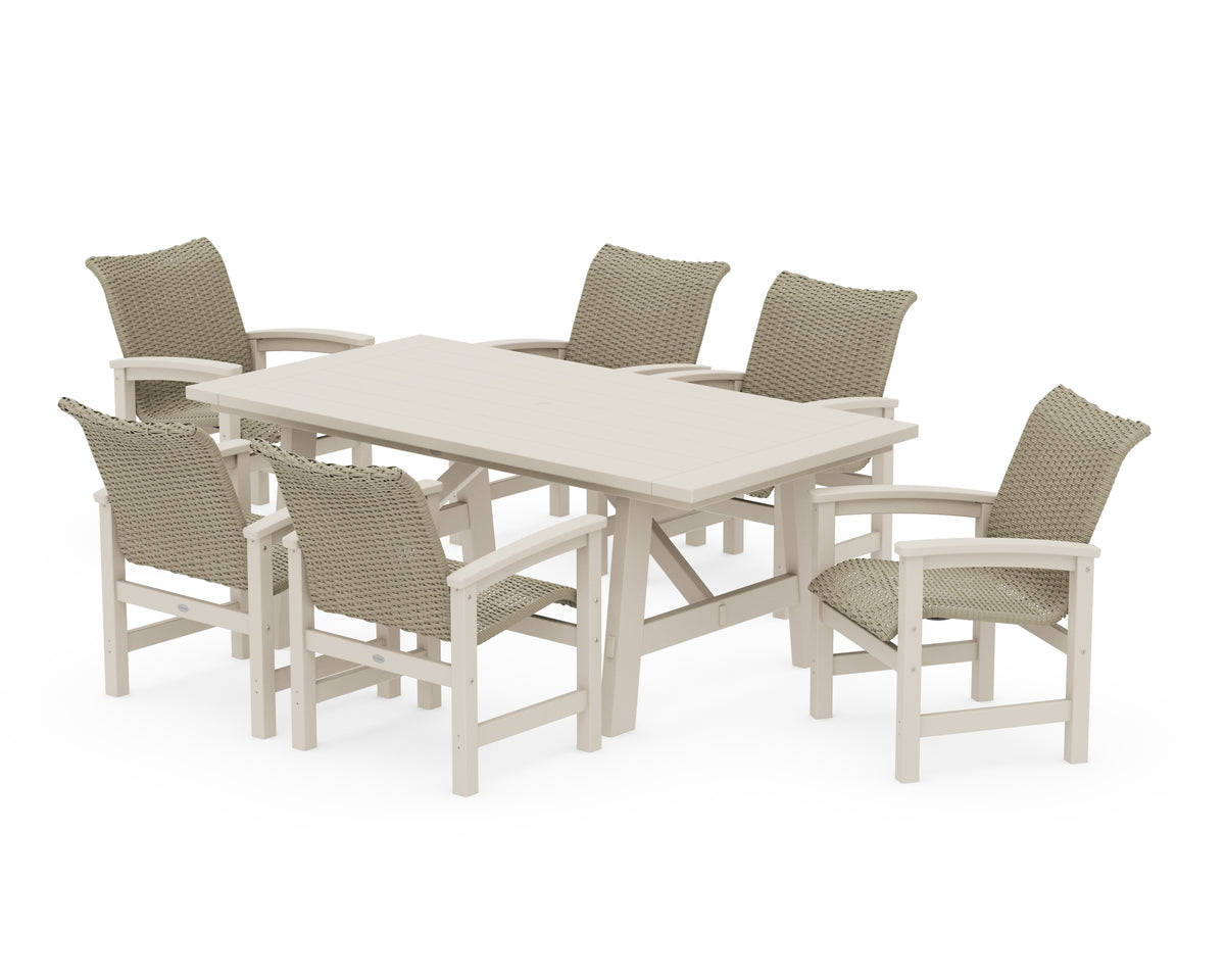 POLYWOOD Coastal Woven Arm Chair 7-Piece Rustic Farmhouse Dining Set in Sand / Dune Grass