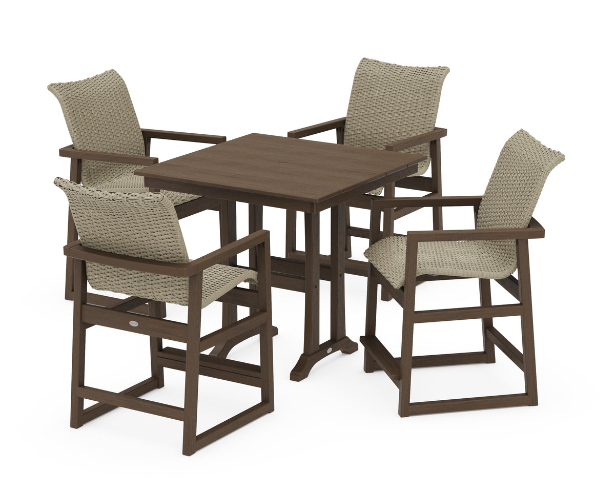 POLYWOOD EDGE Woven 5-Piece Farmhouse Counter Set with Trestle Legs in Kona / Dune Grass