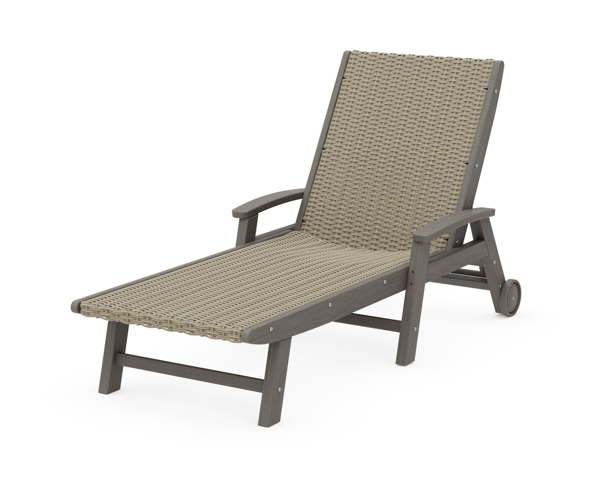 POLYWOOD Coastal Woven Chaise with Arms and Wheels in Driftwood / Dune Grass