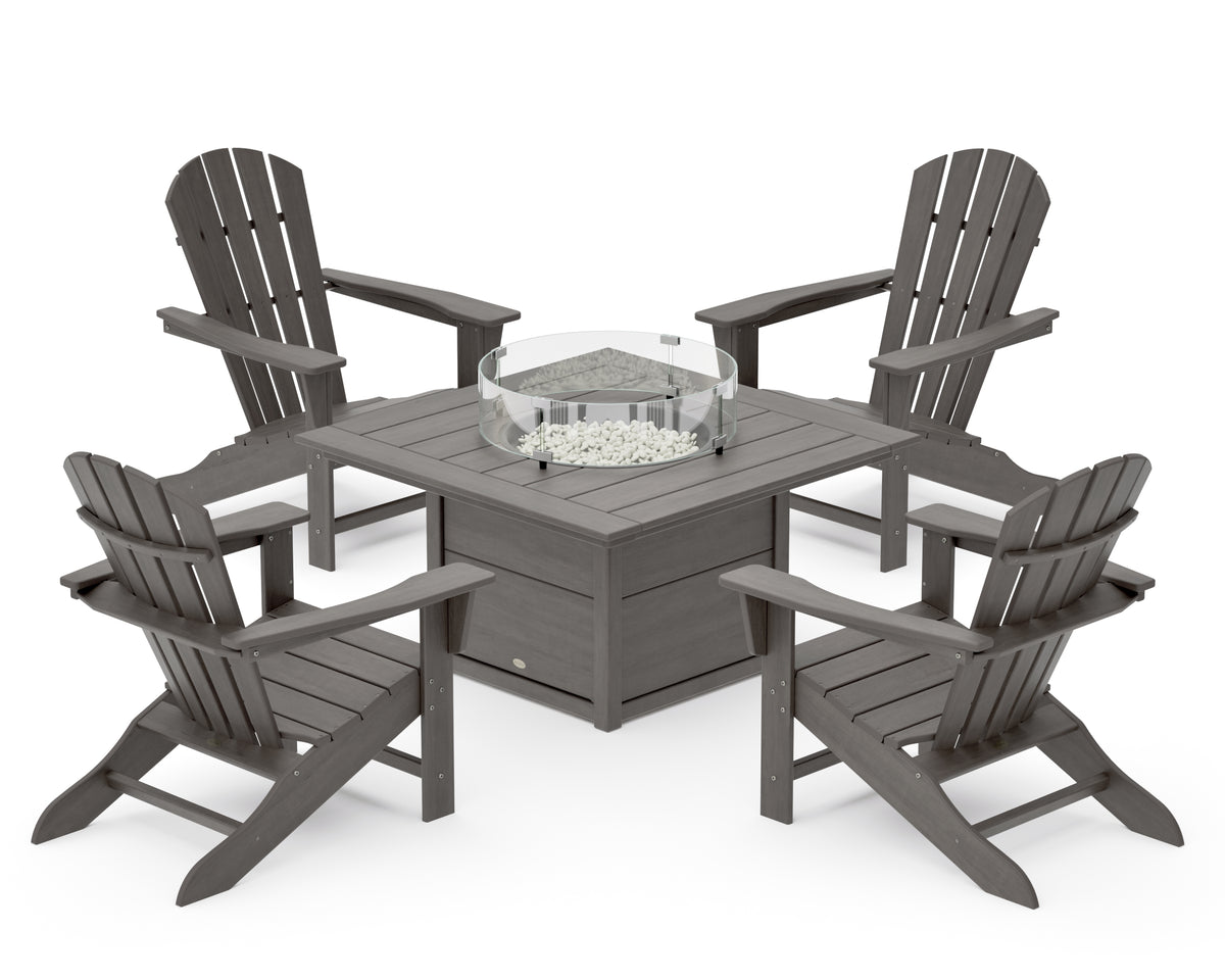 POLYWOOD Palm Coast 5-Piece Adirondack Chair Conversation Set with Fire Pit Table in Driftwood