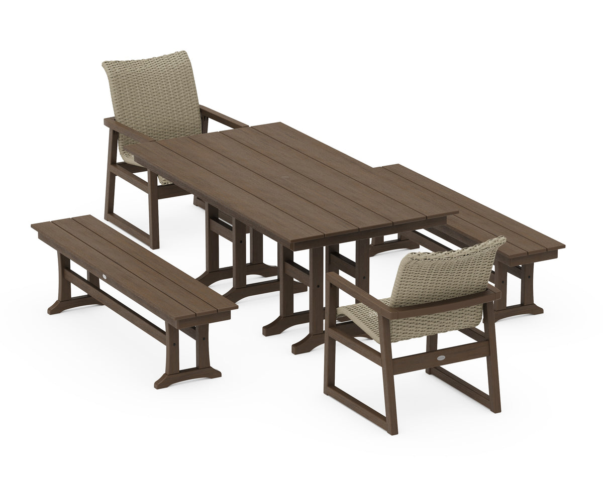 POLYWOOD EDGE Woven 5-Piece Farmhouse Dining Set with Benches in Kona / Dune Grass
