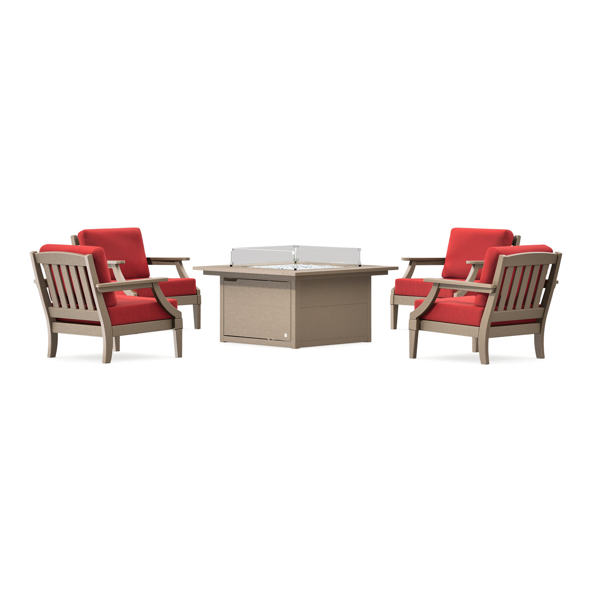 POLYWOOD PW Designer Series Estate 5-Piece Lounge Fire Table Set in Vintage Sahara / Crimson Linen
