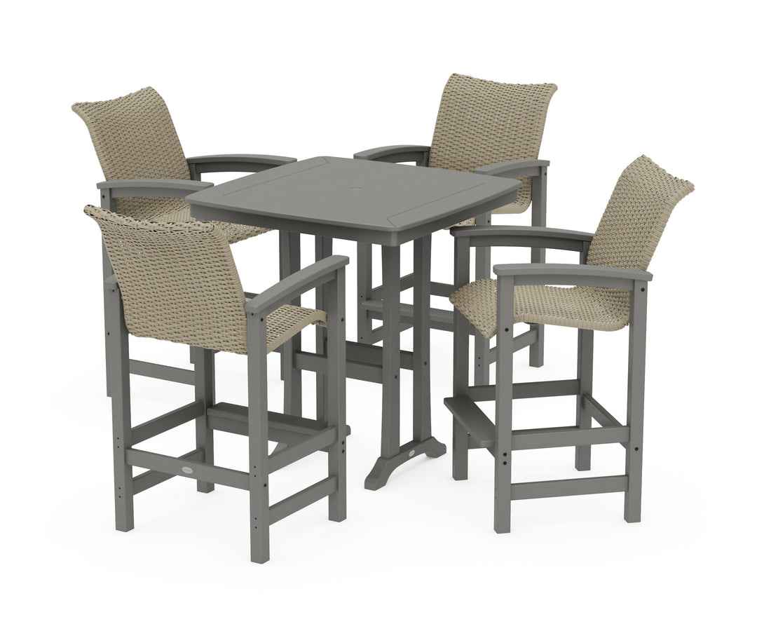 POLYWOOD Coastal Woven 5-Piece Bar Set with Trestle Legs in Slate Grey / Dune Grass