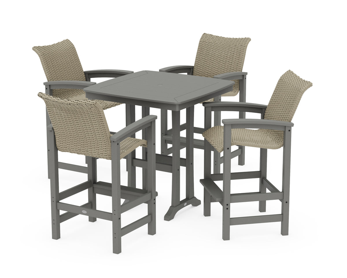 POLYWOOD Coastal Woven 5-Piece Bar Set with Trestle Legs in Slate Grey / Dune Grass