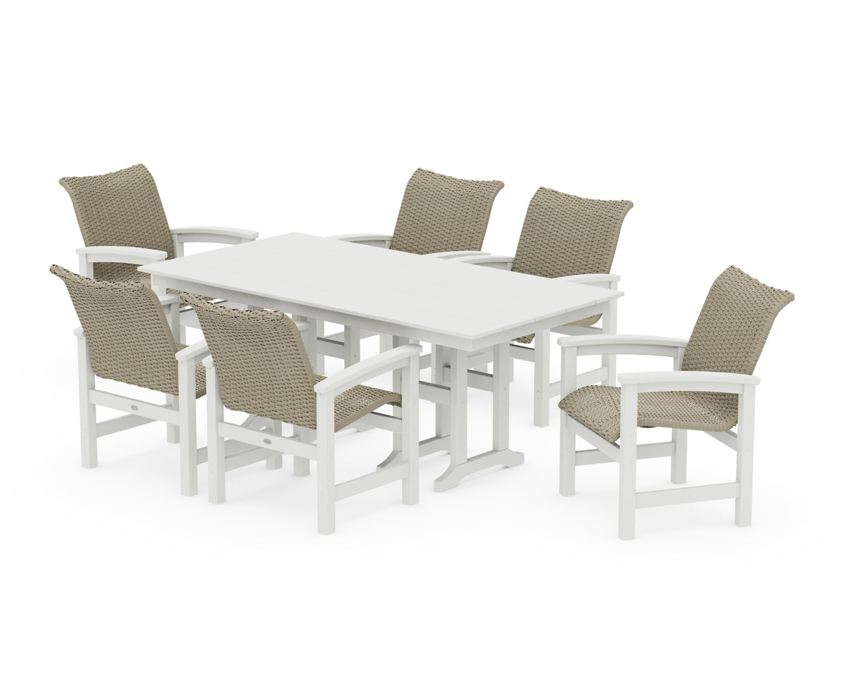 POLYWOOD Coastal Woven Arm Chair 7-Piece Farmhouse Dining Set in White / Dune Grass
