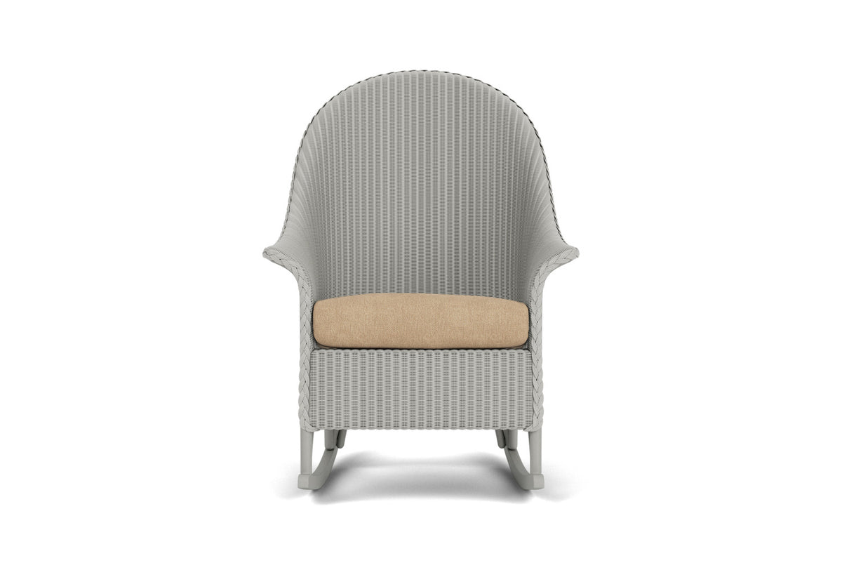 Lloyd Flanders Lloyd Loom High Back Porch Rocker – 1x1 Weave in Platinum with Hayden Sand fabric