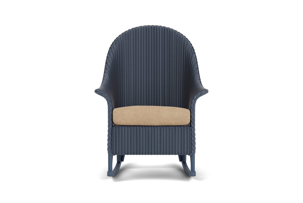 Lloyd Flanders Lloyd Loom High Back Porch Rocker – 1x1 Weave in Denim Blue with Hayden Sand fabric