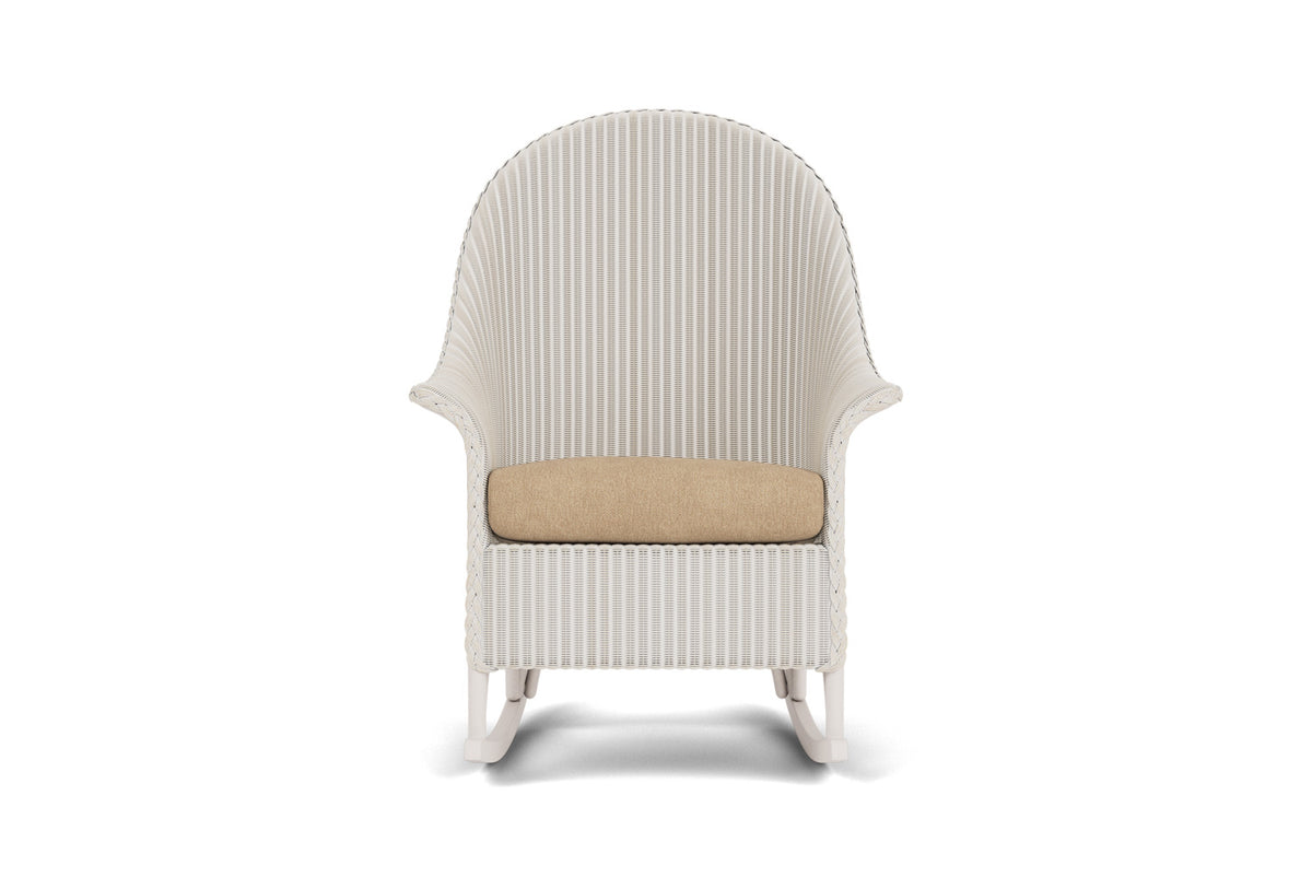 Lloyd Flanders Lloyd Loom High Back Porch Rocker – 1x1 Weave in Antique White with Hayden Sand fabric