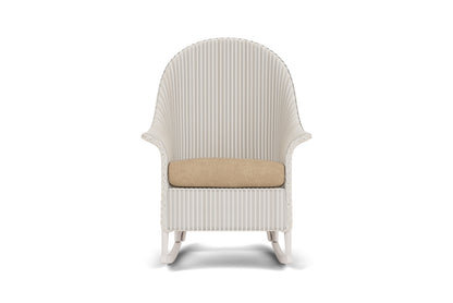 Lloyd Flanders Lloyd Loom High Back Porch Rocker – 1x1 Weave in Antique White with Hayden Sand fabric