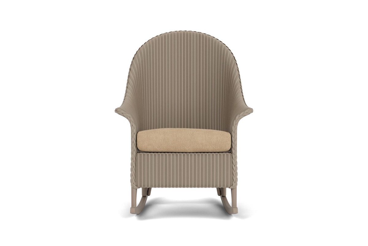 Lloyd Flanders Lloyd Loom High Back Porch Rocker – 1x1 Weave in French Beige with Hayden Sand fabric