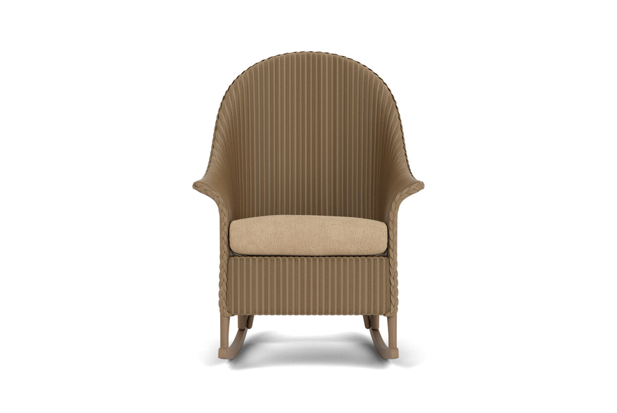Lloyd Flanders Lloyd Loom High Back Porch Rocker – 1x1 Weave in Fawn with Hayden Sand fabric