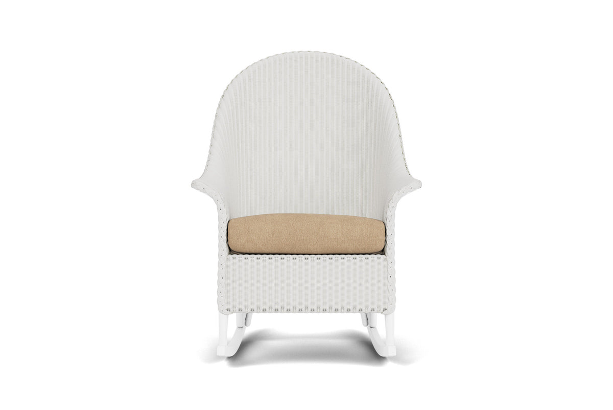 Lloyd Flanders Lloyd Loom High Back Porch Rocker – 1x1 Weave in Matte White with Hayden Sand fabric