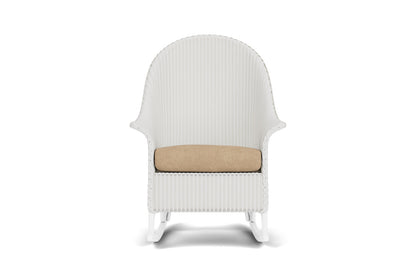 Lloyd Flanders Lloyd Loom High Back Porch Rocker – 1x1 Weave in Matte White with Hayden Sand fabric