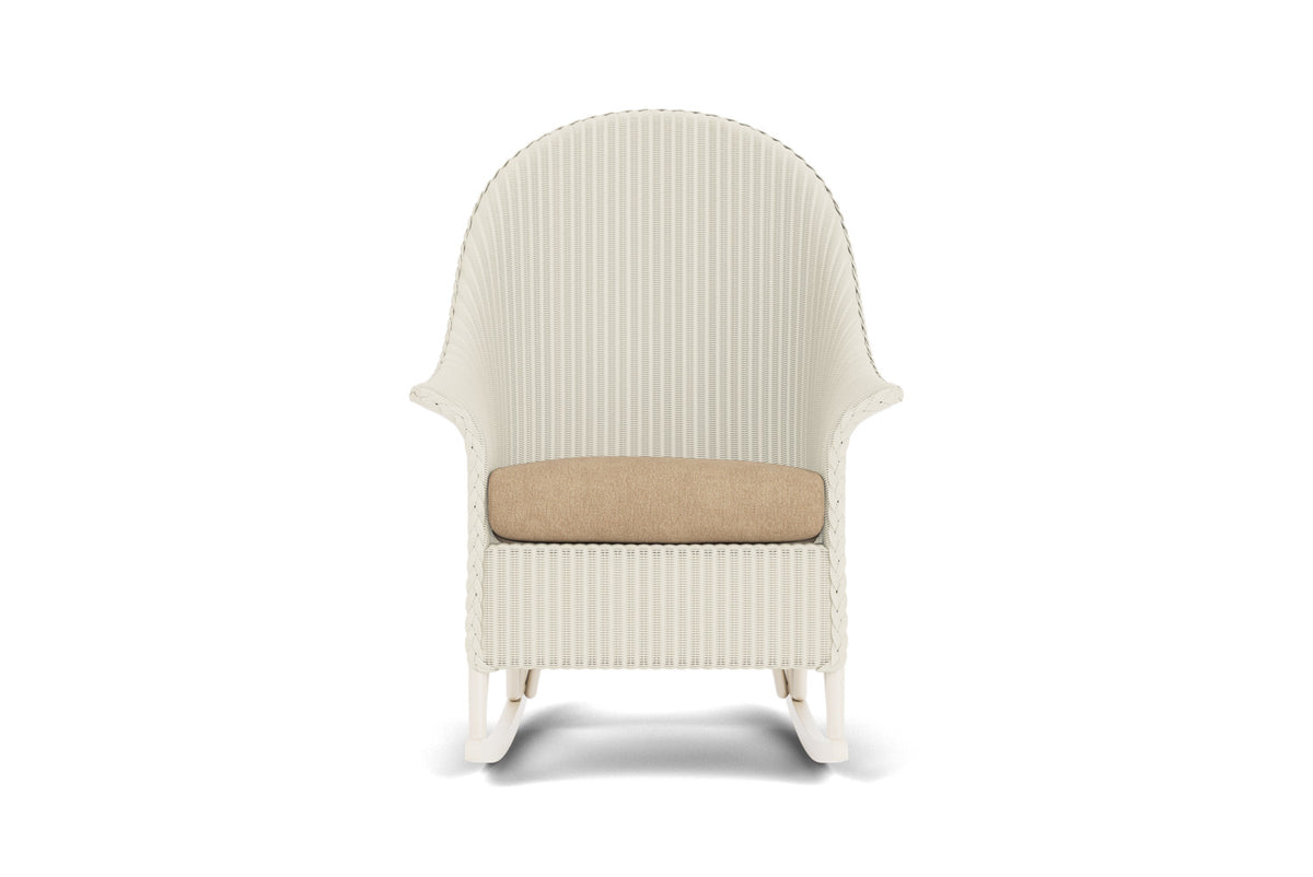 Lloyd Flanders Lloyd Loom High Back Porch Rocker – 1x1 Weave in Ivory with Hayden Sand fabric