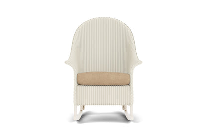 Lloyd Flanders Lloyd Loom High Back Porch Rocker – 1x1 Weave in Ivory with Hayden Sand fabric
