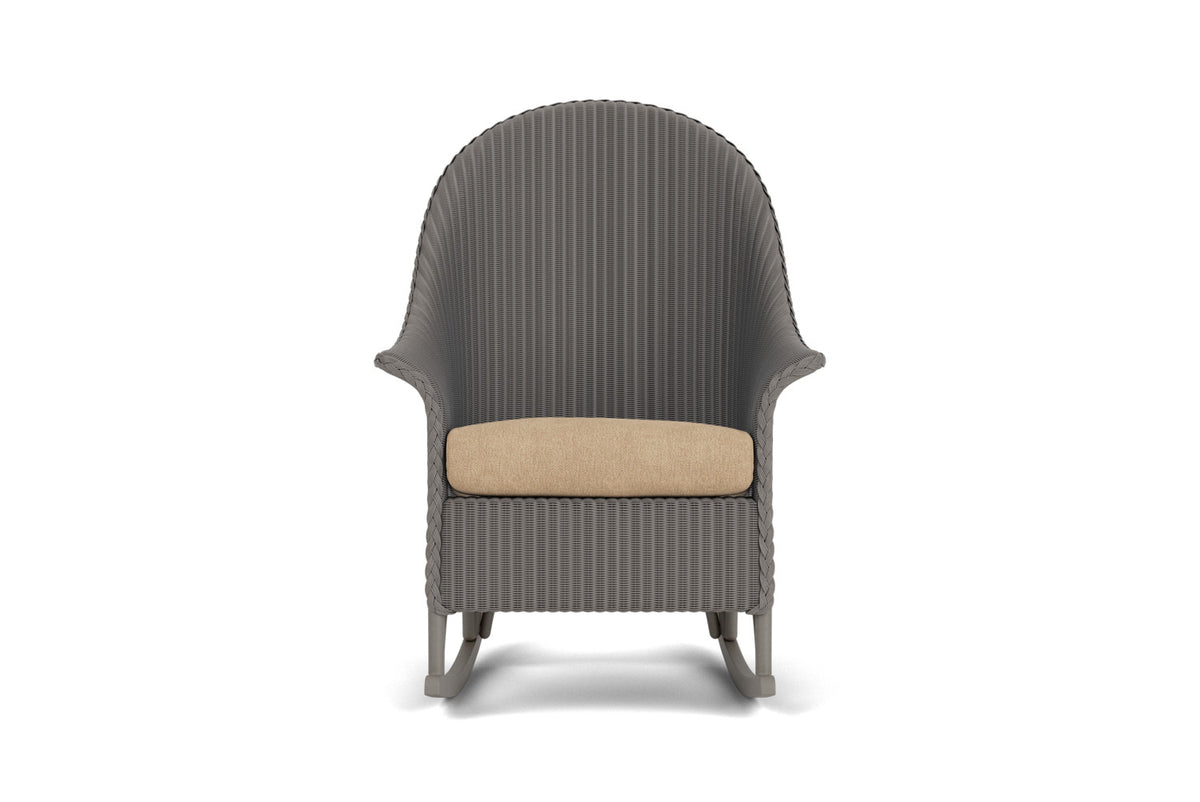 Lloyd Flanders Lloyd Loom High Back Porch Rocker – 1x1 Weave in Pewter with Hayden Sand fabric