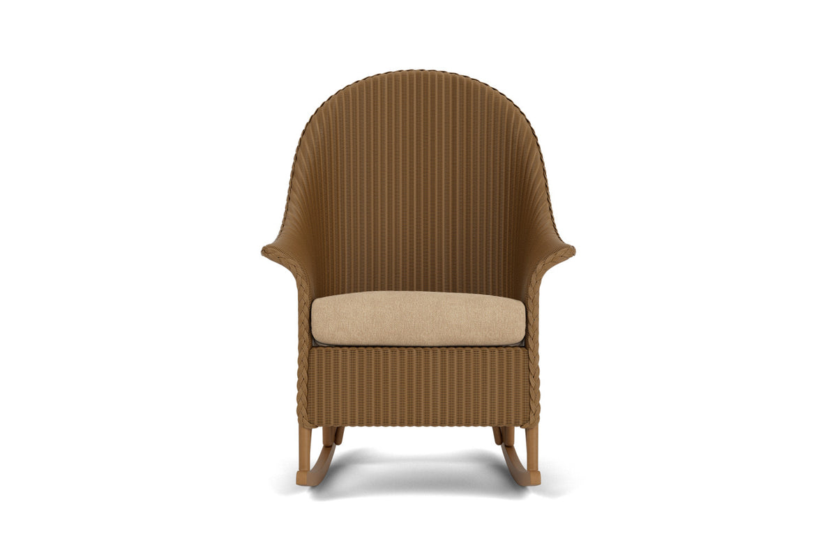 Lloyd Flanders Lloyd Loom High Back Porch Rocker – 1x1 Weave in Hickory with Hayden Sand fabric