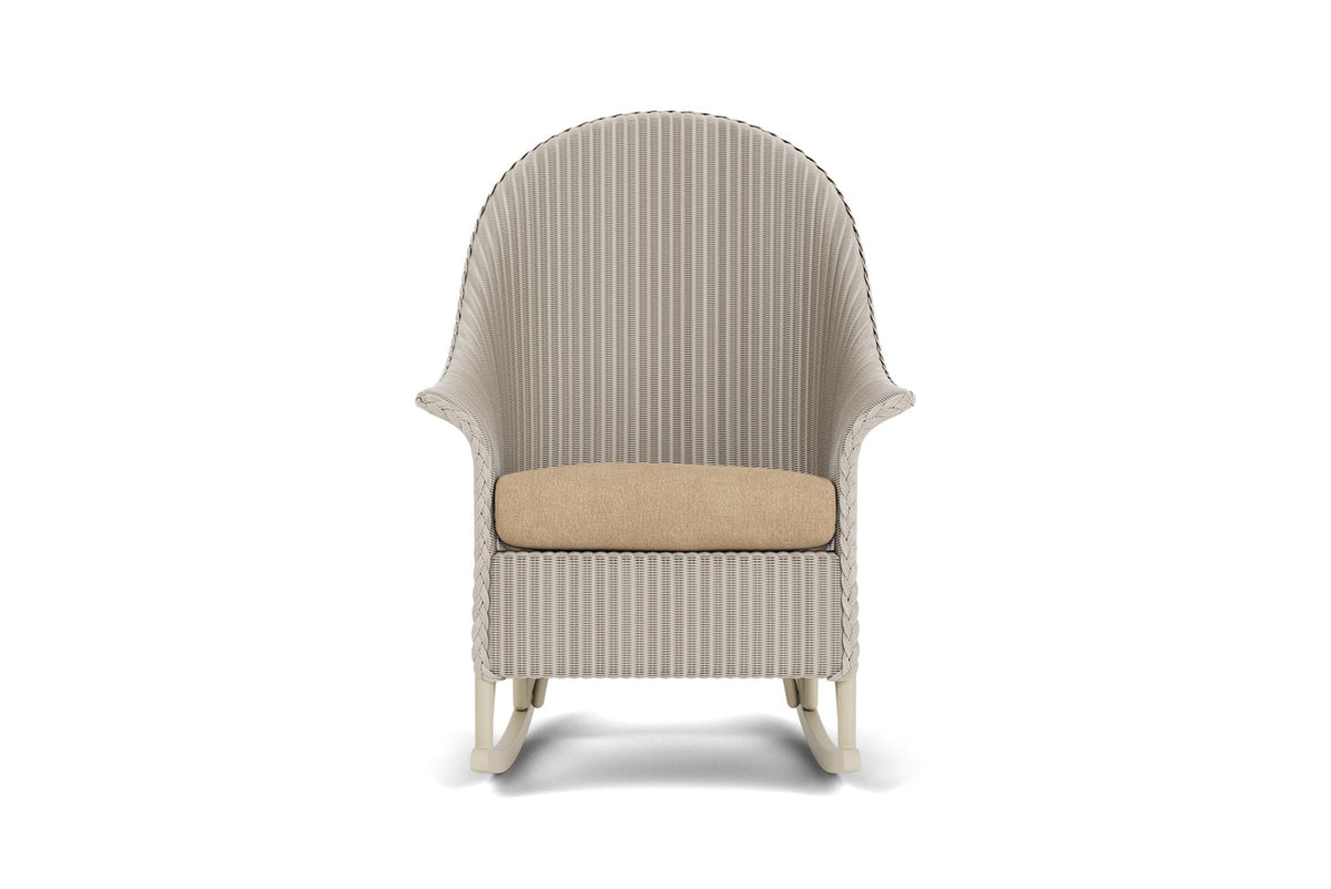 Lloyd Flanders Lloyd Loom High Back Porch Rocker – 1x1 Weave in Linen with Hayden Sand fabric
