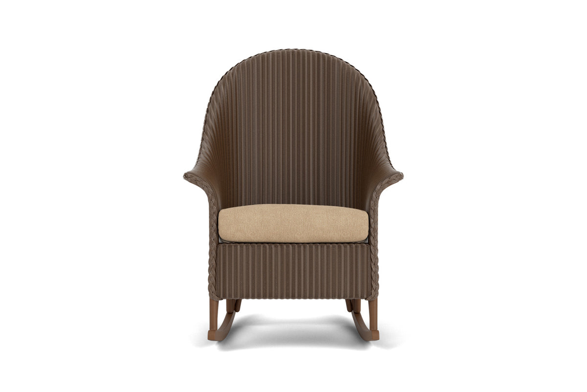 Lloyd Flanders Lloyd Loom High Back Porch Rocker – 1x1 Weave in Bark with Hayden Sand fabric