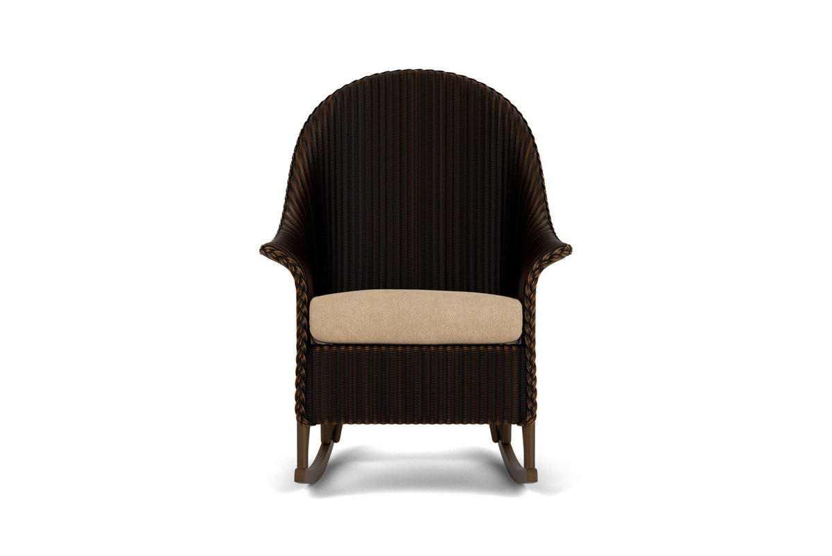 Lloyd Flanders Lloyd Loom High Back Porch Rocker – 1x1 Weave in Mink with Hayden Sand fabric