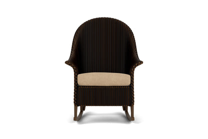 Lloyd Flanders Lloyd Loom High Back Porch Rocker – 1x1 Weave in Mink with Hayden Sand fabric