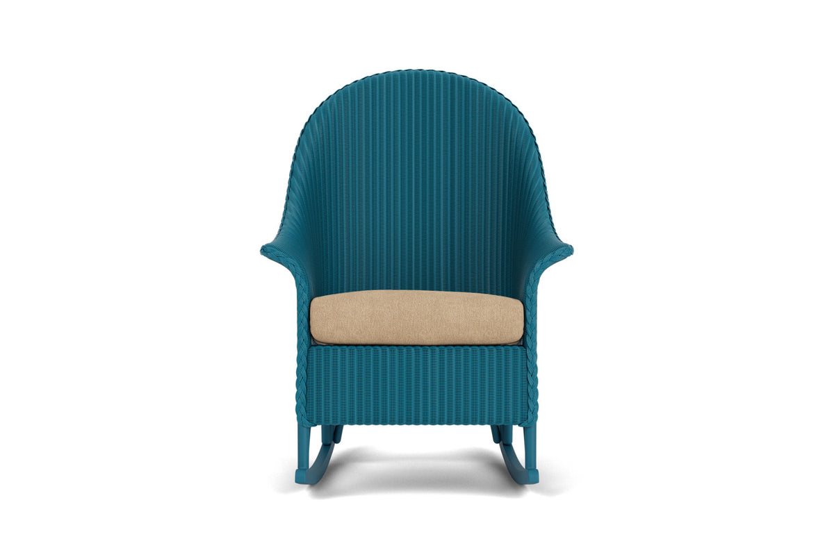 Lloyd Flanders Lloyd Loom High Back Porch Rocker – 1x1 Weave in Peacock with Hayden Sand fabric