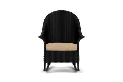 Lloyd Flanders Lloyd Loom High Back Porch Rocker – 1x1 Weave in Ebony with Hayden Sand fabric