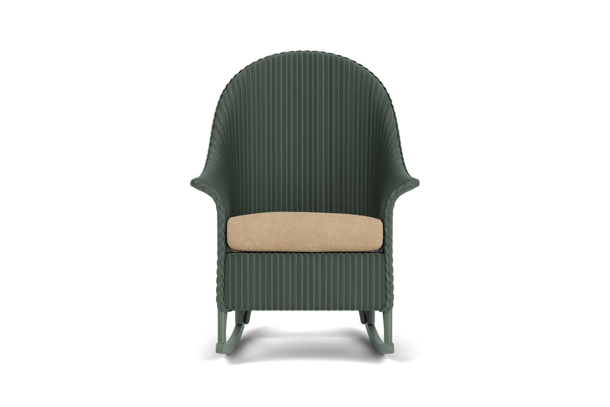Lloyd Flanders Lloyd Loom High Back Porch Rocker – 1x1 Weave in Spruce with Hayden Sand fabric