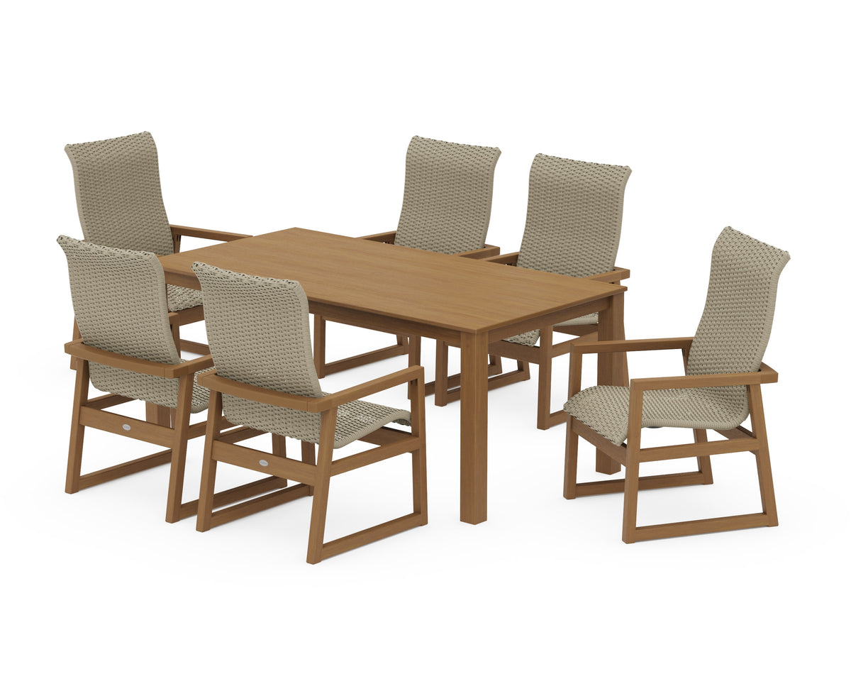 POLYWOOD EDGE Woven High-Back Arm Chair 7-Piece Parsons Dining Set in Natural / Dune Grass