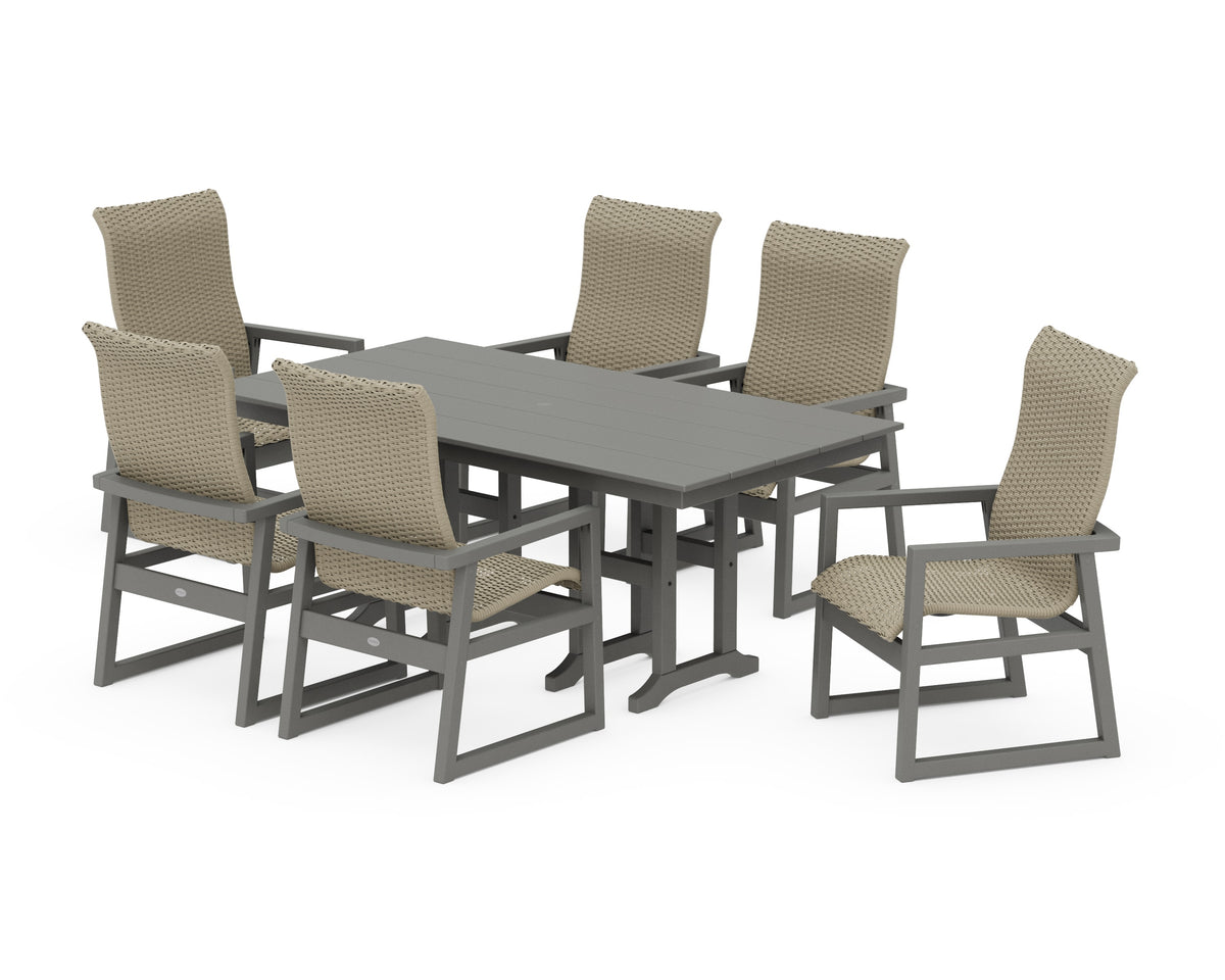 POLYWOOD EDGE Woven High-Back Arm Chair 7-Piece Farmhouse Dining Set in Slate Grey / Dune Grass
