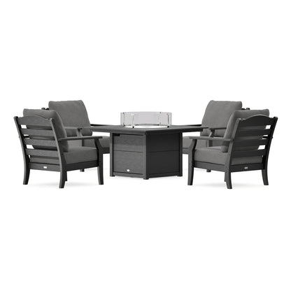 POLYWOOD Savannah 5-Piece Deep Seating Set with Fire Pit Table in Black
