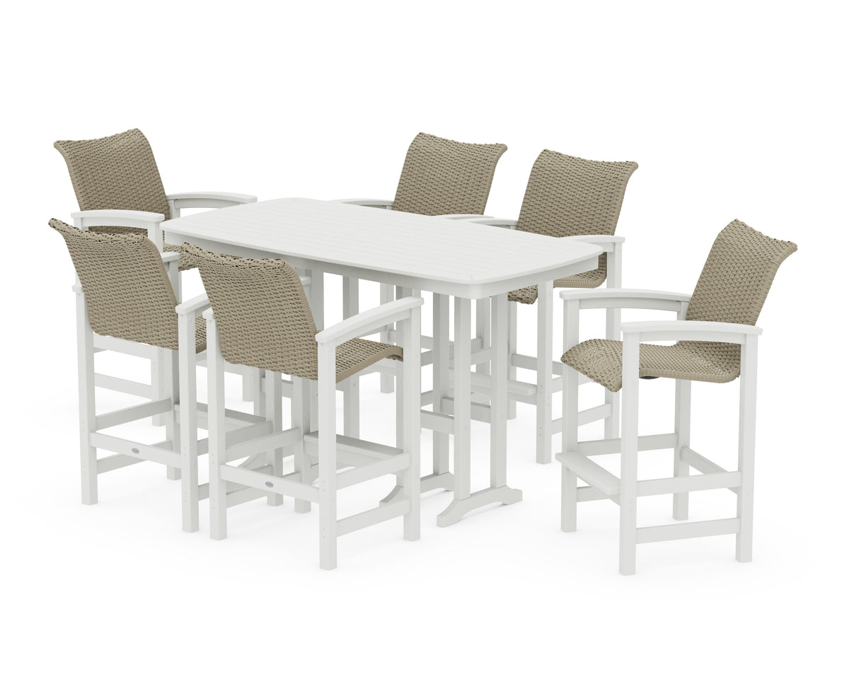 POLYWOOD Coastal Woven Arm Chair 7-Piece Bar Set in Vintage White / Dune Grass