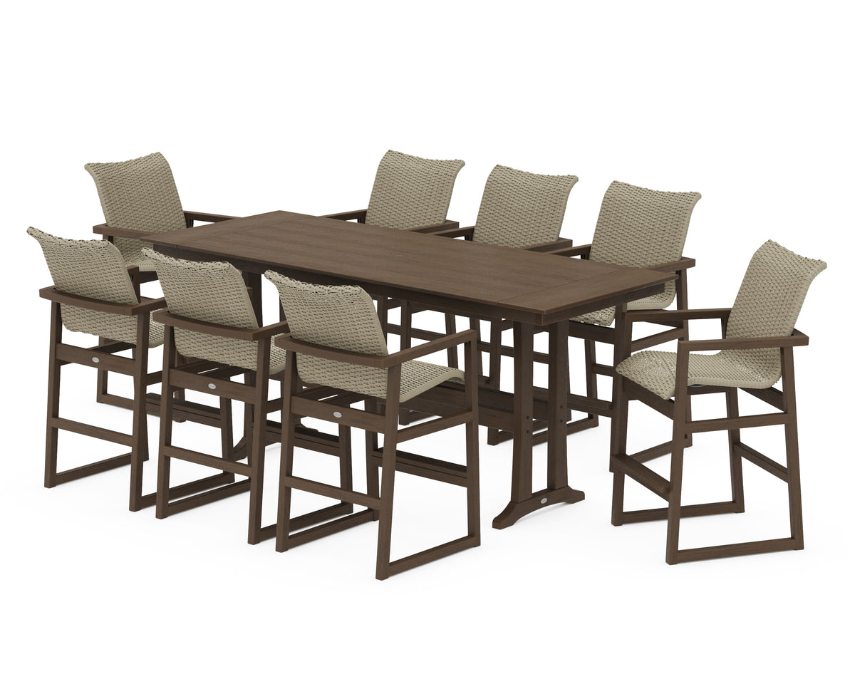 POLYWOOD EDGE Woven 9-Piece Farmhouse Bar Set with Trestle Legs in Kona / Dune Grass