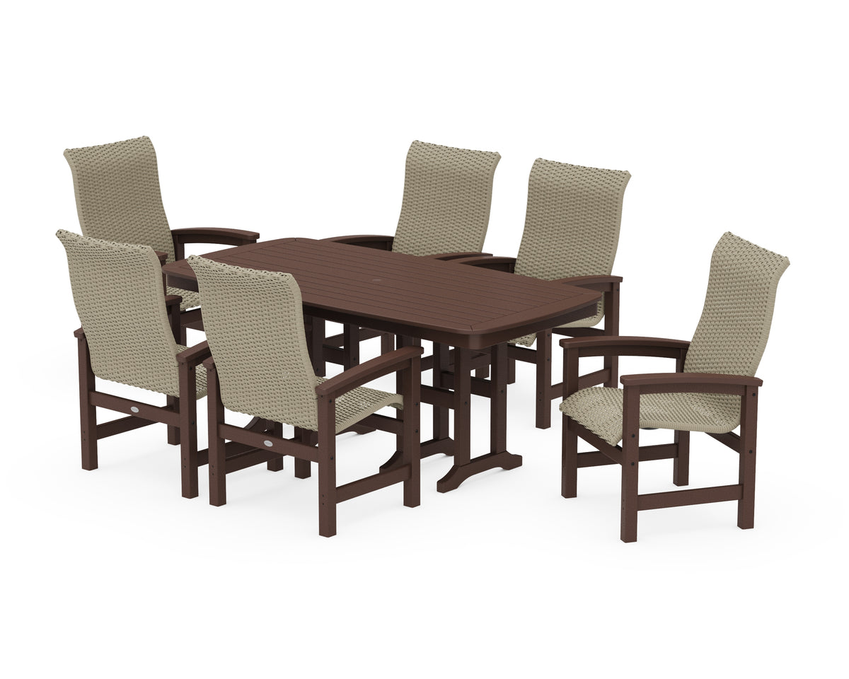POLYWOOD Coastal Woven High-Back Arm Chair 7-Piece Dining Set in Mahogany / Dune Grass