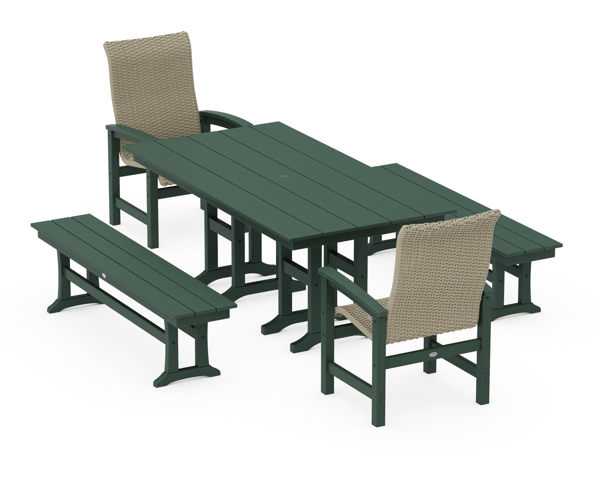 POLYWOOD Coastal Woven High-Back 5-Piece Farmhouse Dining Set with Benches in Green / Dune Grass