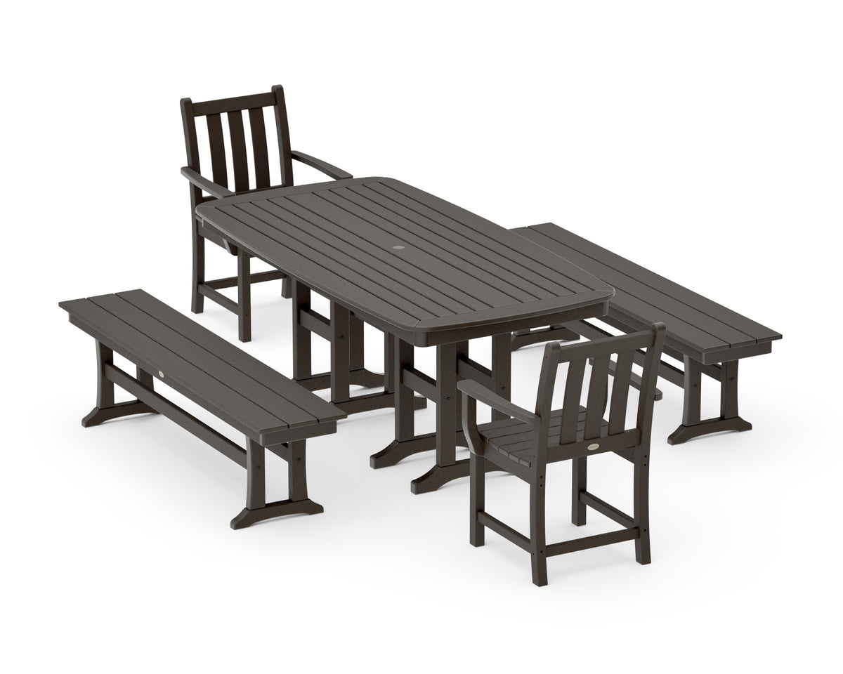 POLYWOOD Traditional Garden 5-Piece Dining Set with Benches - 37" x 72" Table in Vintage Coffee