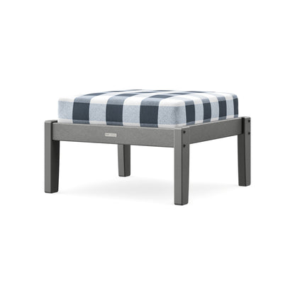 POLYWOOD Chinoiserie Deep Seating Ottoman in Slate Grey / Buffalo Plaid Marine Indigo