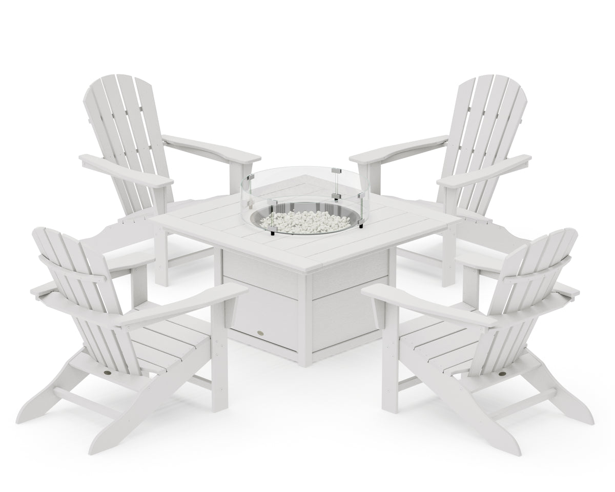 POLYWOOD Palm Coast 5-Piece Adirondack Chair Conversation Set with Fire Pit Table in Vintage White