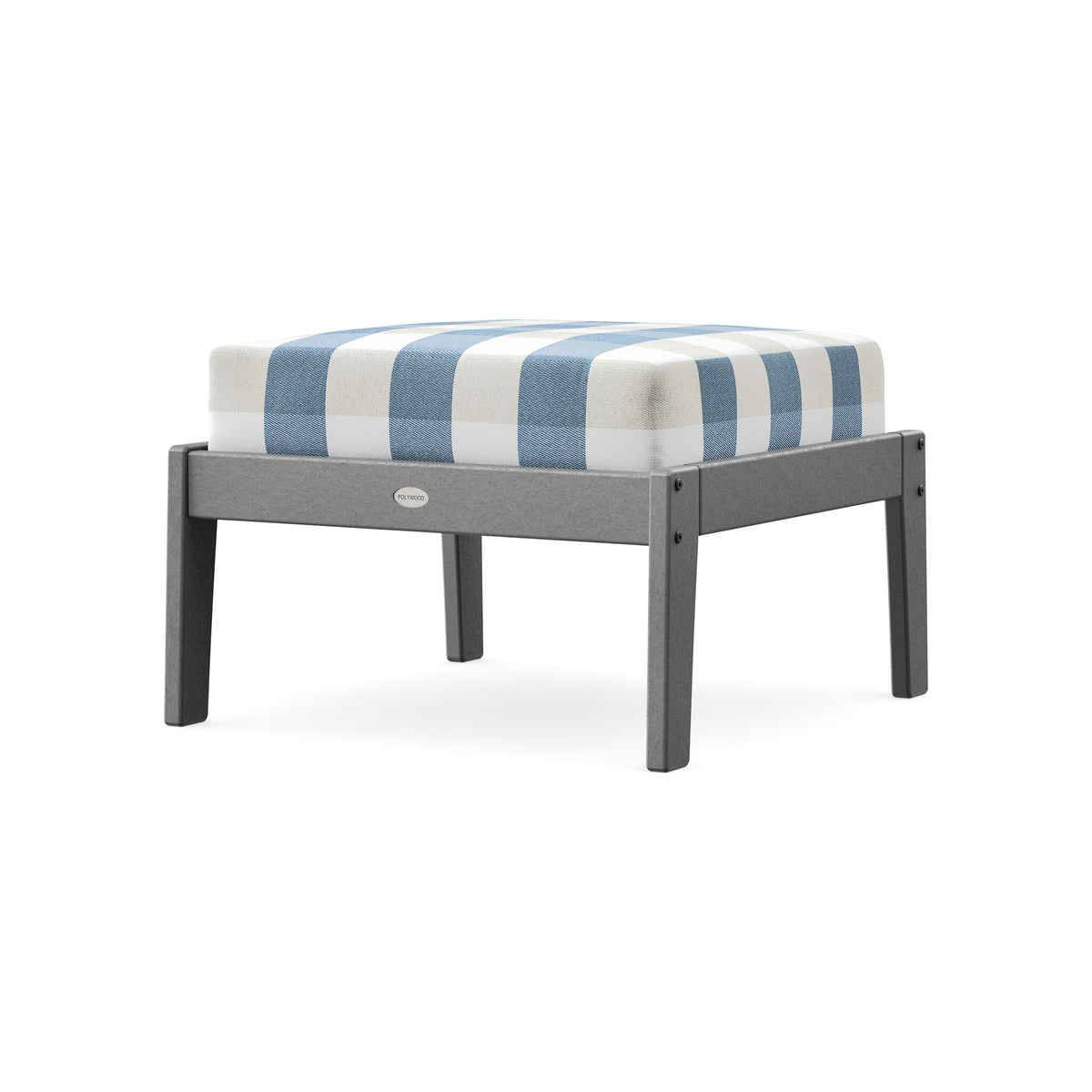 POLYWOOD Lakeside Deep Seating Ottoman in Slate Grey / Buffalo Plaid Sky Blue