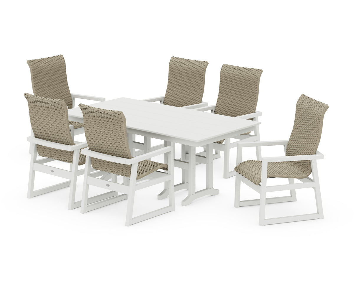 POLYWOOD EDGE Woven High-Back Arm Chair 7-Piece Farmhouse Dining Set in Vintage White / Dune Grass