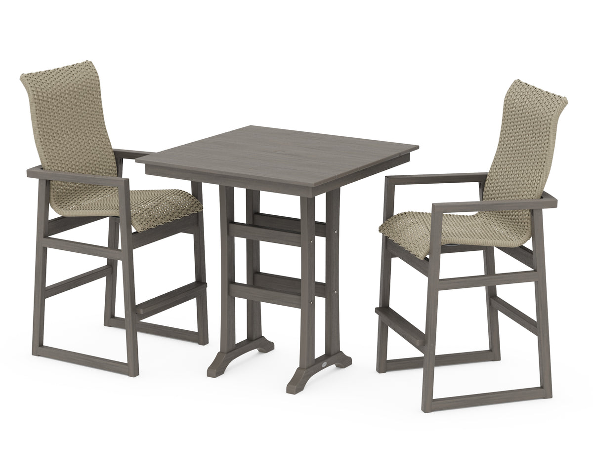 POLYWOOD EDGE Woven Highback 3-Piece Farmhouse Bar Set with Trestle Legs in Driftwood / Dune Grass