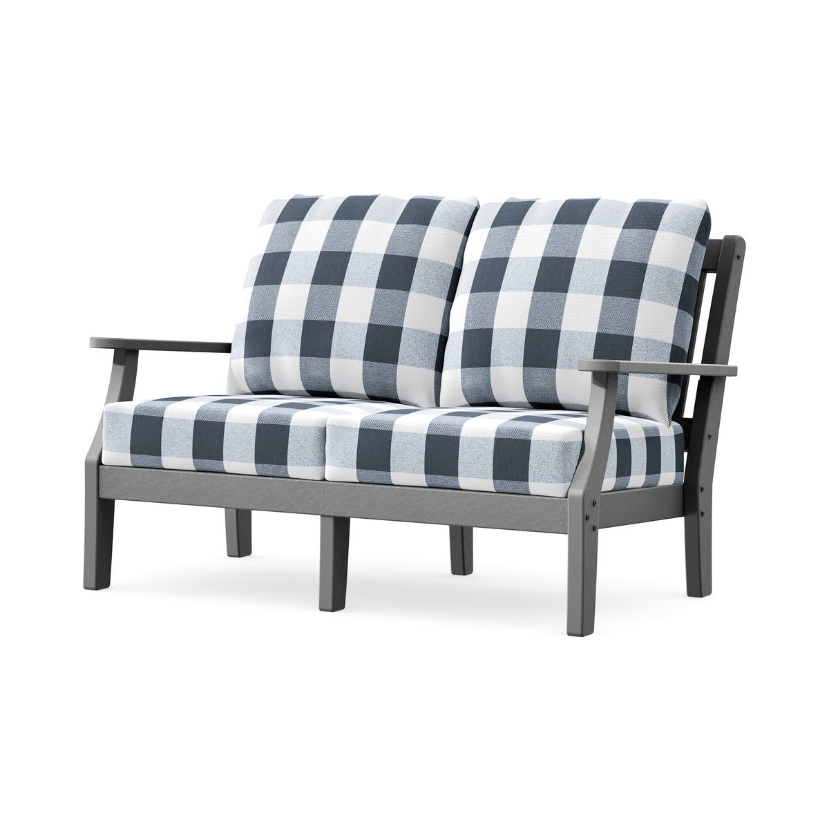 POLYWOOD Chinoiserie Deep Seating Loveseat in Slate Grey / Buffalo Plaid Marine Indigo