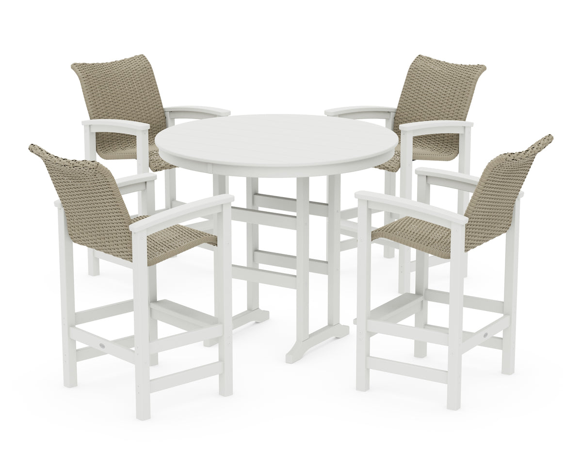 POLYWOOD Coastal Woven 5-Piece Round Farmhouse Bar Set in White / Dune Grass