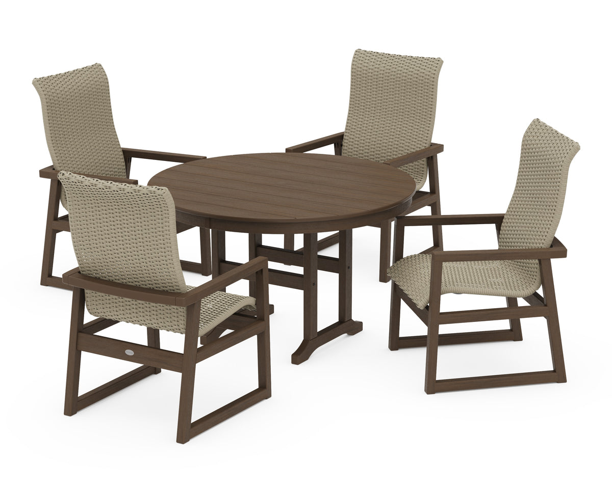 POLYWOOD EDGE Woven High-Back 5-Piece Round Farmhouse Dining Set in Kona / Dune Grass