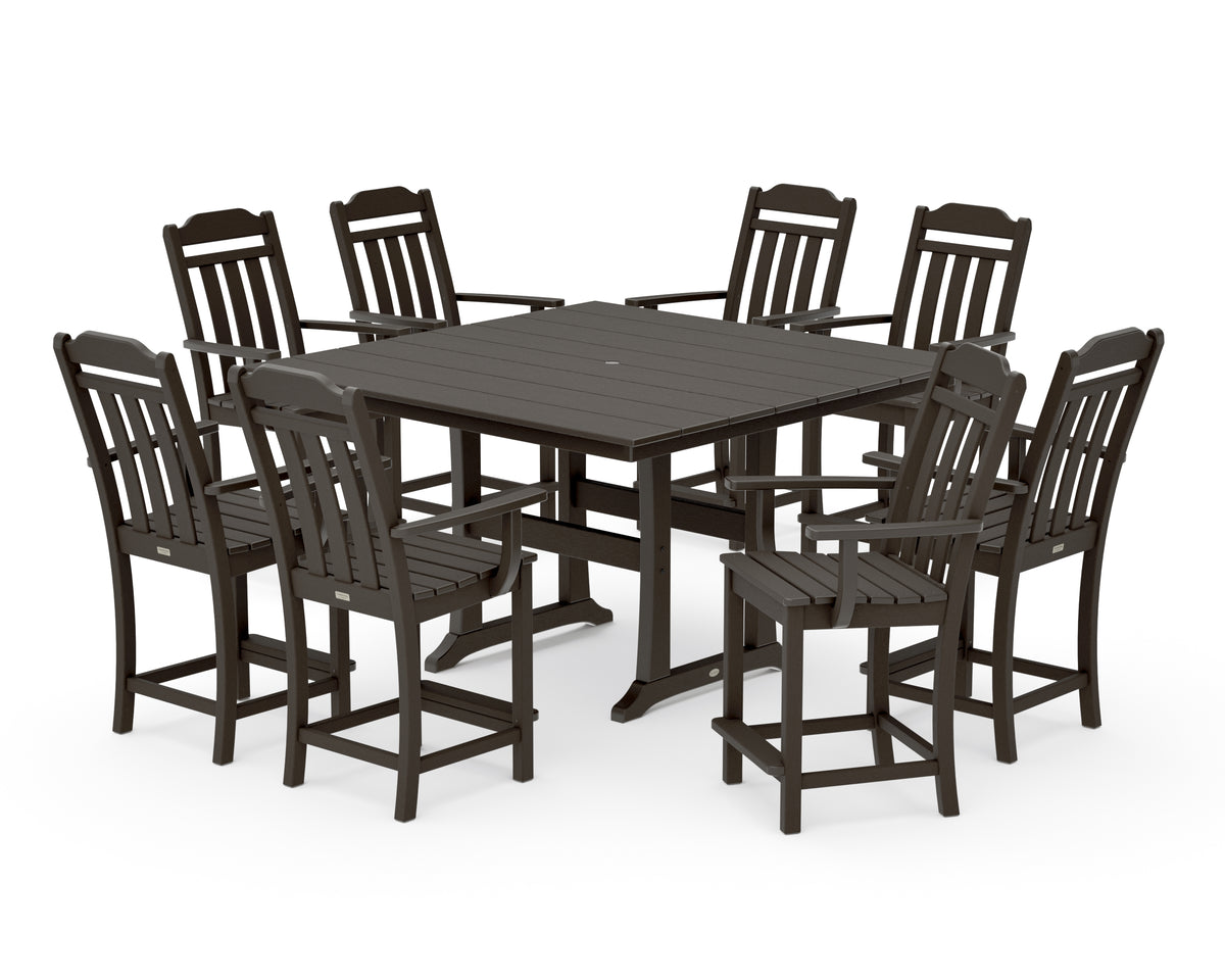 POLYWOOD Country Living Cottage 9-Piece Square Farmhouse Counter Set with Trestle Legs in Vintage Coffee