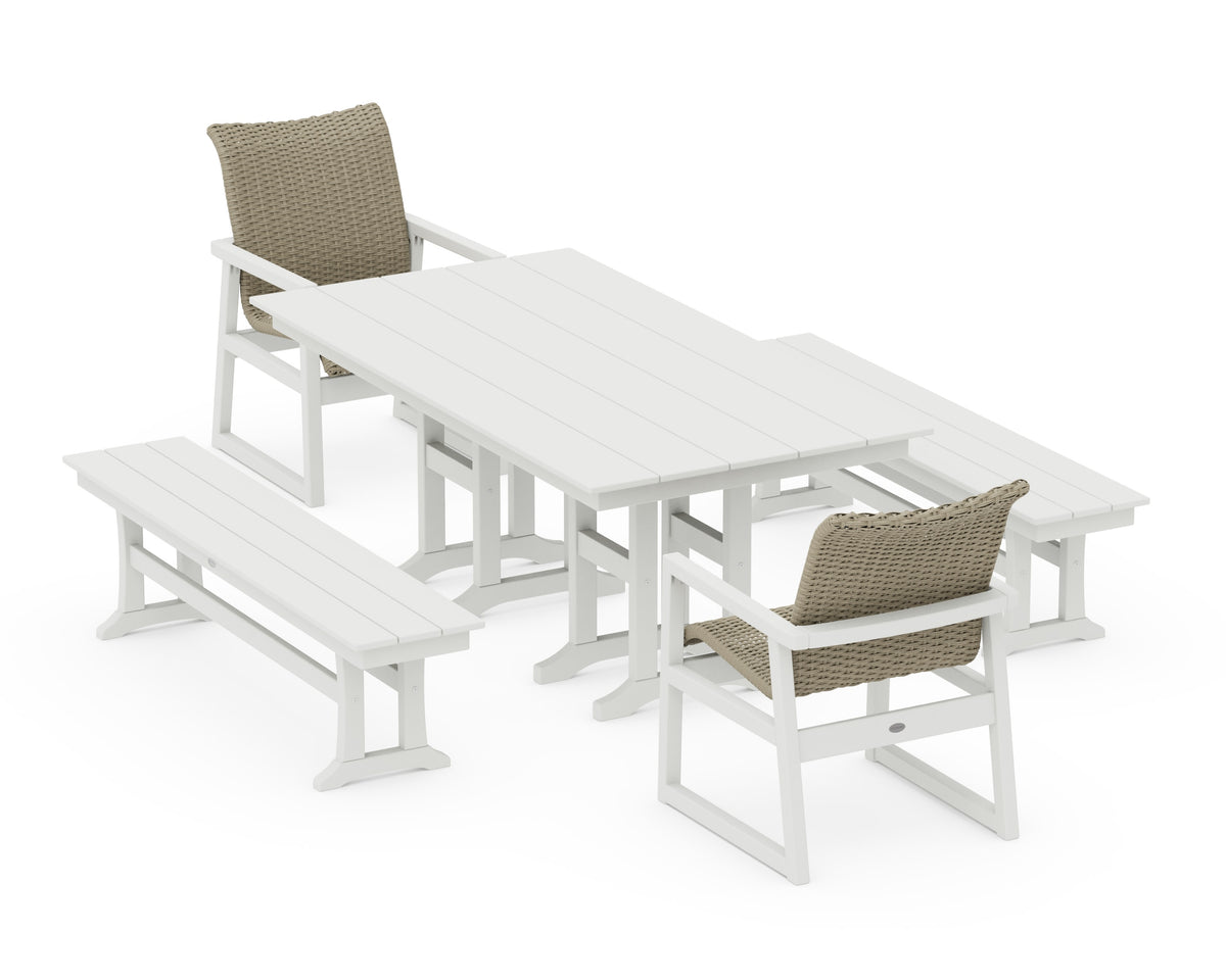 POLYWOOD EDGE Woven 5-Piece Farmhouse Dining Set with Benches in Vintage White / Dune Grass