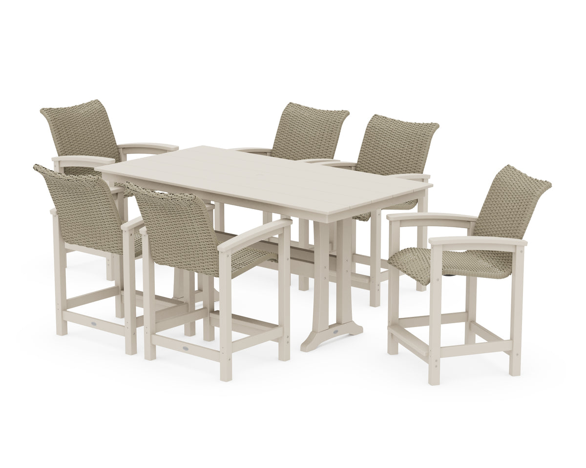 POLYWOOD Coastal Woven Arm Chair 7-Piece Farmhouse Counter Set with Trestle Legs in Sand / Dune Grass