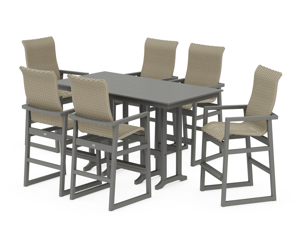 POLYWOOD EDGE Woven Highback Arm Chair 7-Piece Farmhouse Bar Set in Slate Grey / Dune Grass