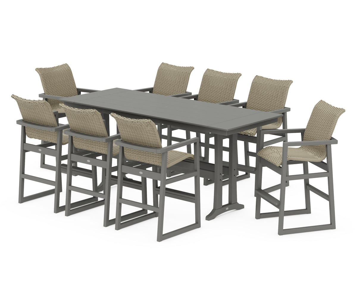 POLYWOOD EDGE Woven 9-Piece Farmhouse Bar Set with Trestle Legs in Slate Grey / Dune Grass