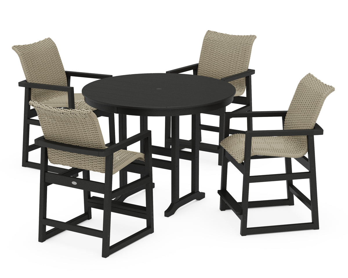 POLYWOOD EDGE Woven 5-Piece Round Farmhouse Counter Set in Black / Dune Grass